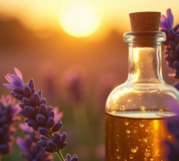 Ein elegantes Glasfläschchen mit goldenem Jojoba-Lavendel-Öl vor sanftem Lavendelfeld im warmen Sonnenlicht