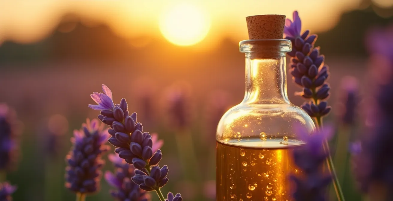 Ein elegantes Glasfläschchen mit goldenem Jojoba-Lavendel-Öl vor sanftem Lavendelfeld im warmen Sonnenlicht