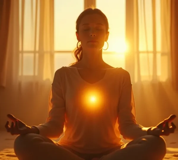 Eine Frau mit geschlossenen Augen, deren Gesicht von sanftem goldenem Licht umgeben ist, symbolisiert innere Harmonie und strahlende Ausstrahlung.