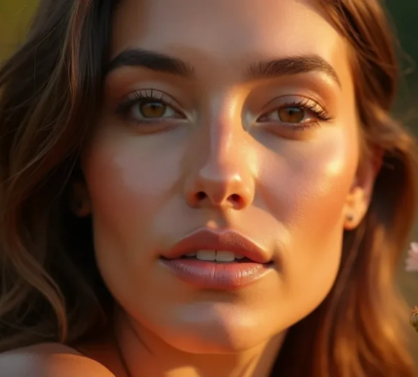 Symbolische Darstellung einer strahlenden Frau mit gesundem Hautbild, die natürliche Schönheit von innen ausstrahlt