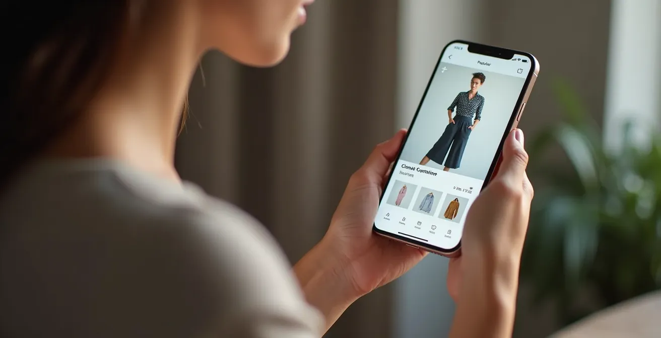 Smartphone-Ansicht einer Capsule Wardrobe App mit Outfitplanung und Kleiderschrankübersicht