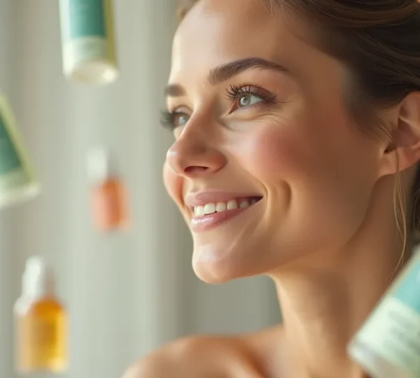 Symbolisches Bild einer Frau mit schöner Haut, umgeben von Kosmetikprodukten und einer Übersicht von Inhaltsstoffen, die zu vermeiden sind