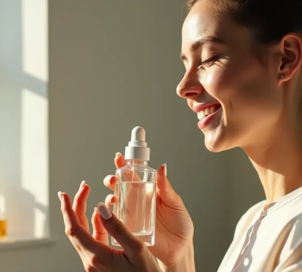 Frau mit strahlender Haut erstellt individuelle Hautpflegeroutine