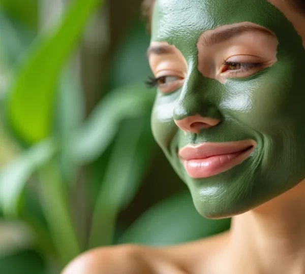 Nahaufnahme einer Frau mit strahlender, porentief reiner Haut, die eine grüne Tonerde-Gesichtsmaske trägt, natürliche Umgebung mit Tonerde und grünen Pflanzen im Hintergrund