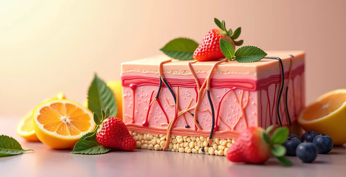 Symbolische Darstellung der inneren Kollagenproduktion mit Aminosäuren und pflanzlichen Lebensmitteln