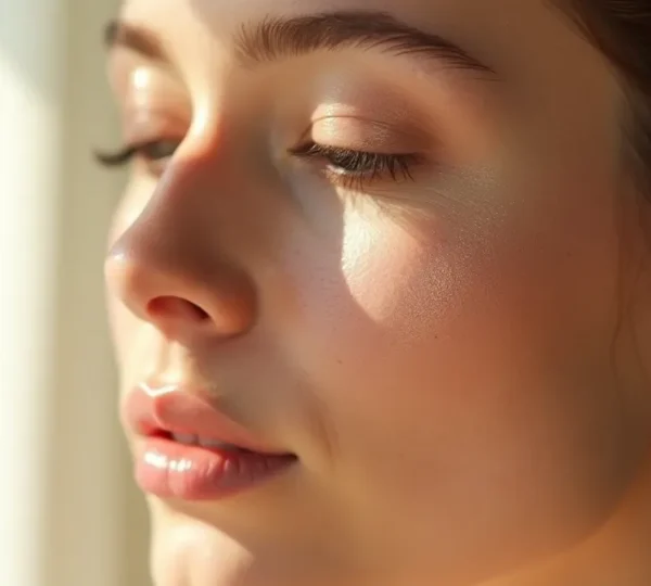 Eine frische, strahlende weibliche Haut im Makroaufnahme, die ein Gefühl von Erneuerung und Reinheit vermittelt