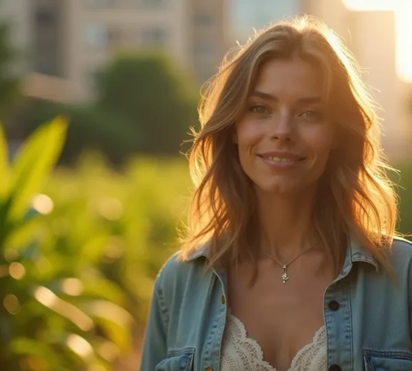 Eine moderne, stilvoll gekleidete Frau, die nachhaltige Mode trägt, umgeben von natürlichen Elementen wie Pflanzen und Recycling-Symbolen