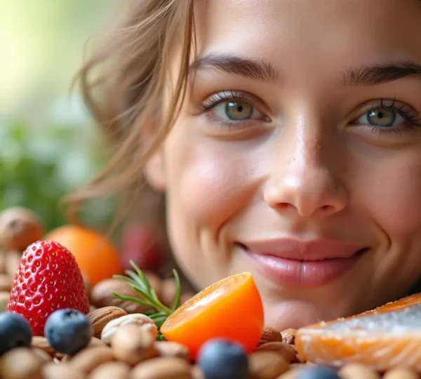 Symbolische Darstellung einer gesunden, jugendlich strahlenden Haut mit antioxidativen Lebensmitteln und Hautpflegeelementen