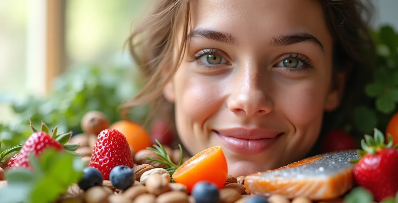 Symbolische Darstellung einer gesunden, jugendlich strahlenden Haut mit antioxidativen Lebensmitteln und Hautpflegeelementen