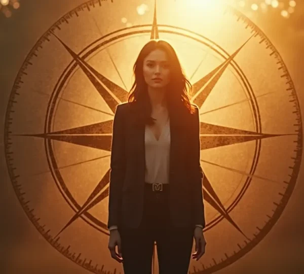 Frau in stilvoller, zeitloser Mode vor grafischer Kompass-Silhouette