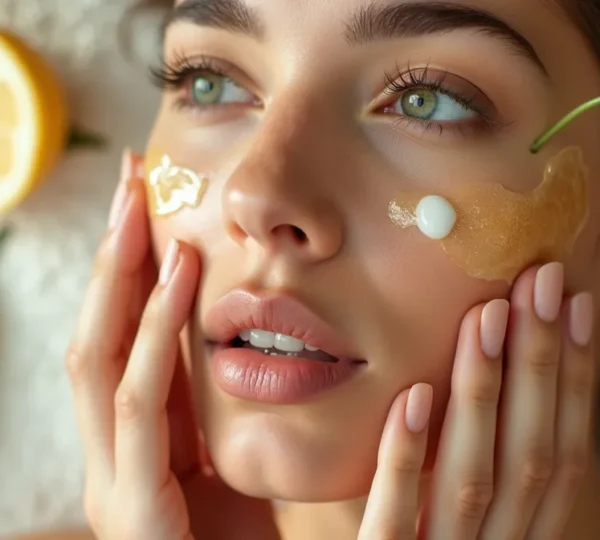 Nahaufnahme einer Frau, die verschiedene Pflanzenöle für die Hautpflege verwendet, umgeben von botanischen Elementen.