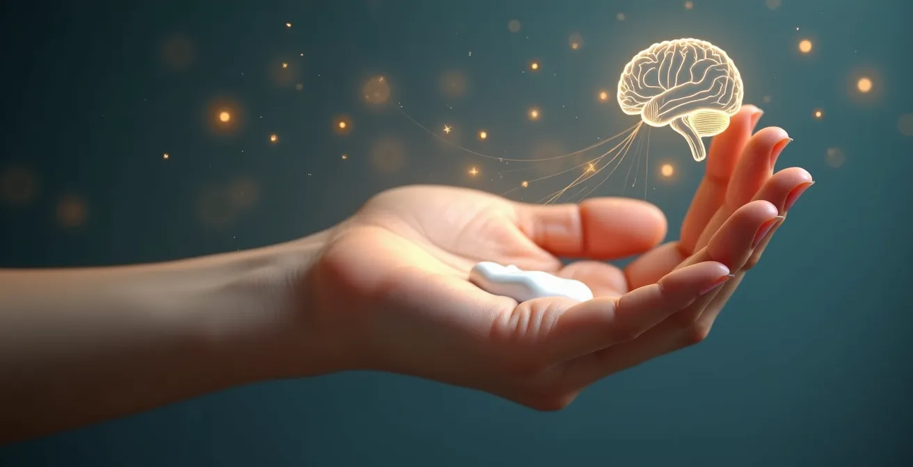 Eine Hand, die eine Creme aufträgt, während sanfte Wellenlinien zum Gehirn führen, symbolisieren die Verbindung zwischen Hautgefühl und emotionalem Gleichgewicht.