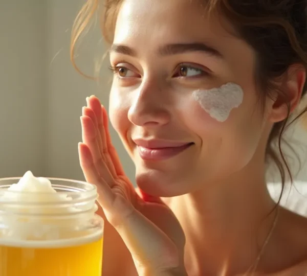 Frau mit strahlender, samtweicher Haut hält ein Glas mit Zucker-Öl-Peeling