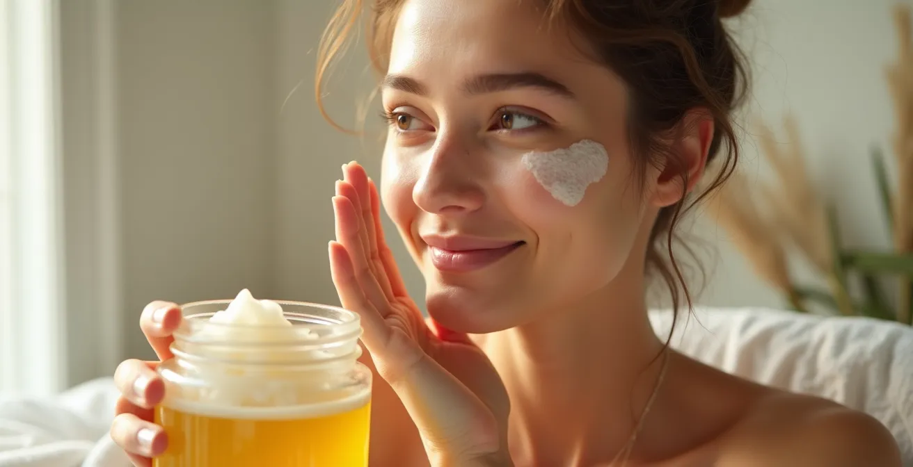 Frau mit strahlender, samtweicher Haut hält ein Glas mit Zucker-Öl-Peeling