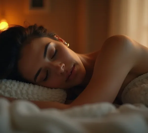 Frau mit makelloser Haut schläft friedlich in einem stilvollen, gemütlichen Schlafzimmer.