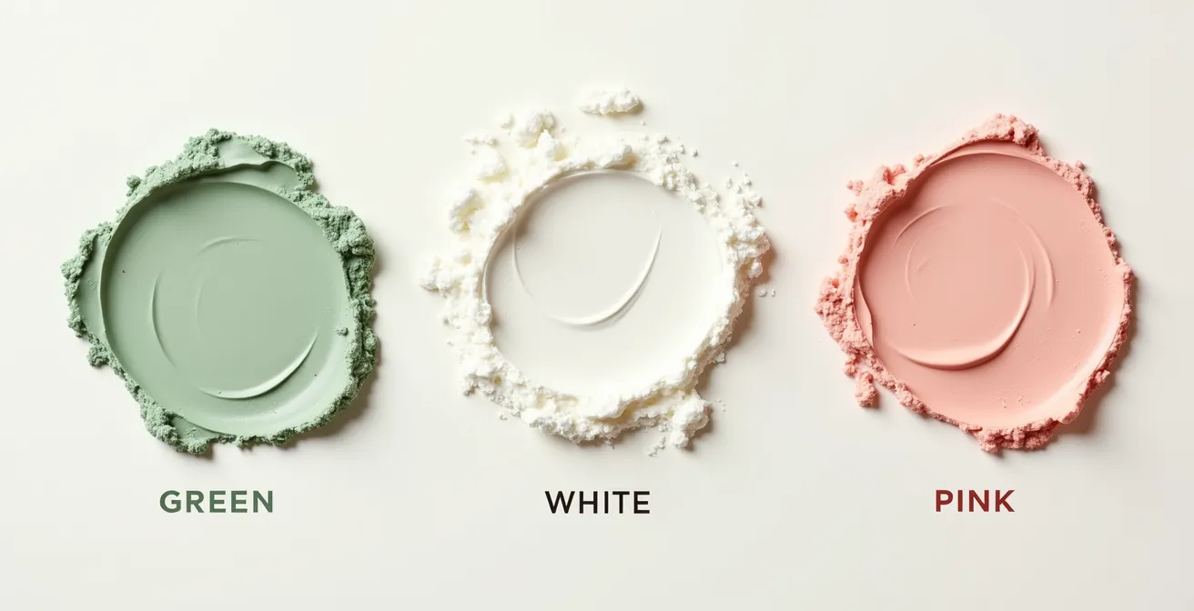 Grafische Darstellung der verschiedenen Tonerdenfarben (grün, weiß, rosa) mit ihren mineralischen Hauptbestandteilen und Hauttypen-Eignung