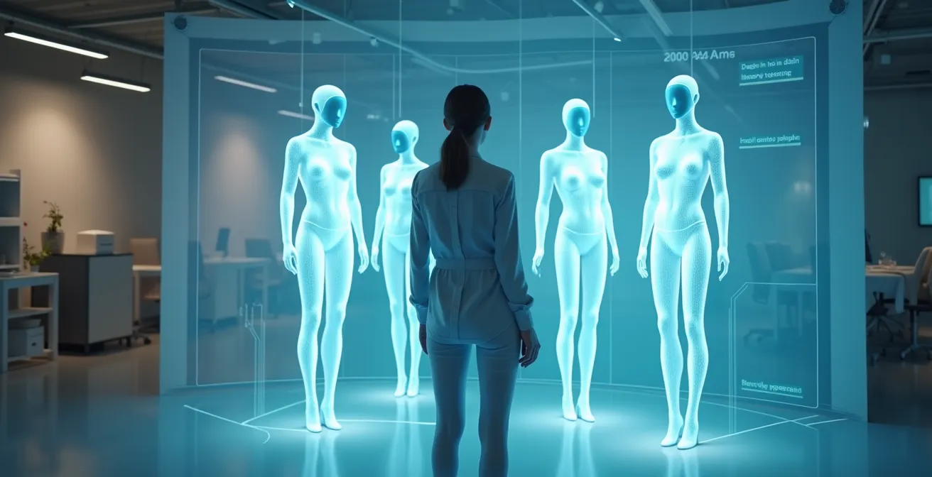 Futuristische Darstellung virtueller Anprobe mit KI-gestützter Technologie und digitalen Modedesigns