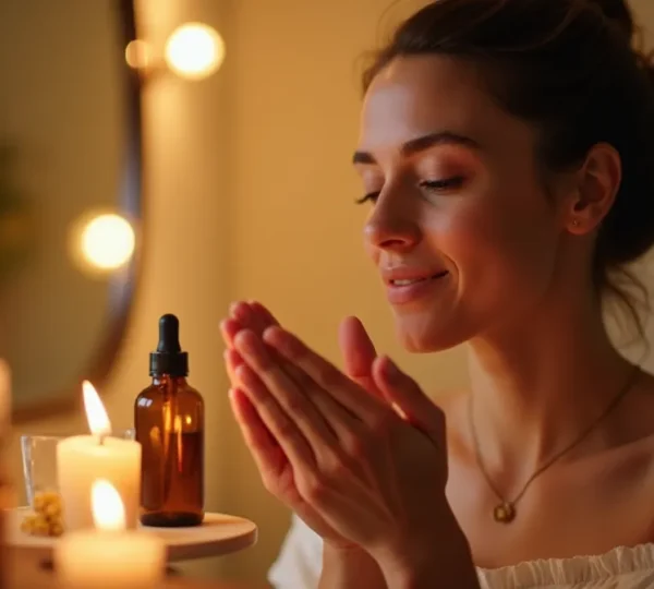 Frau in einem entspannten Pflegeritual mit Kerzenlicht und ätherischen Ölen, Symbol für Kraft und Wohlbefinden