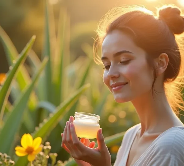 Eine Frau in natürlicher Umgebung mit frischen Pflanzen und selbstgemachten Kosmetikprodukten, die eine pflanzenbasierte Pflegeroutine symbolisiert