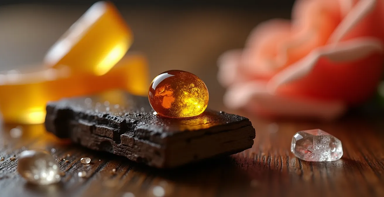 Makroaufnahme von Bernsteinharz, Rosenabsolue und botanischen Essenzen