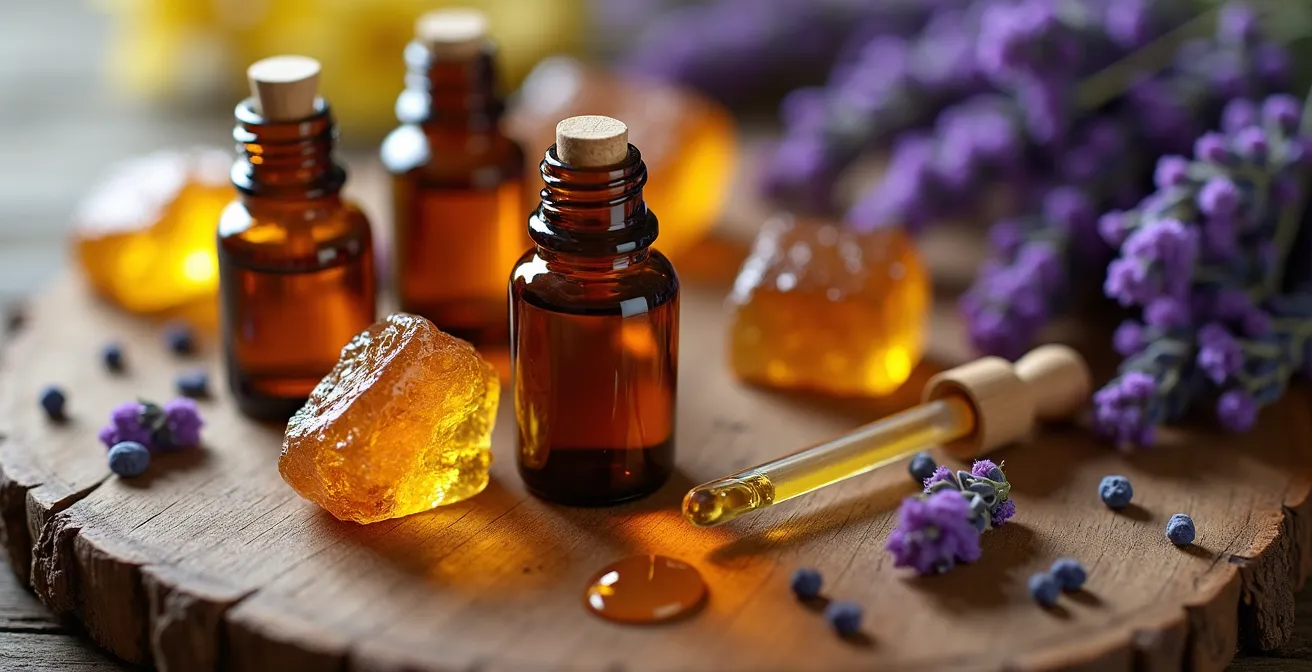 Detailaufnahme von ätherischen Ölen und natürlichen Duftextrakten auf Holzoberfläche