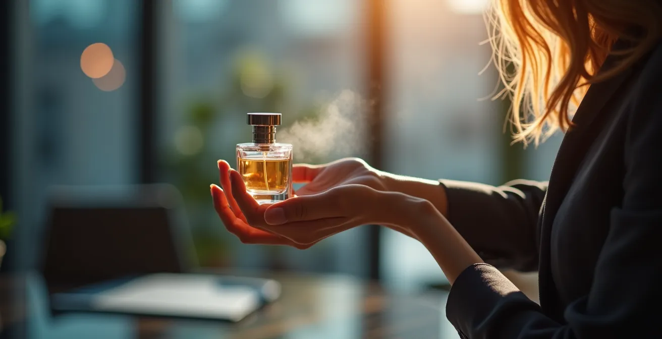 Geschäftsfrau sprüht Parfum auf Handgelenk vor wichtigem Meeting