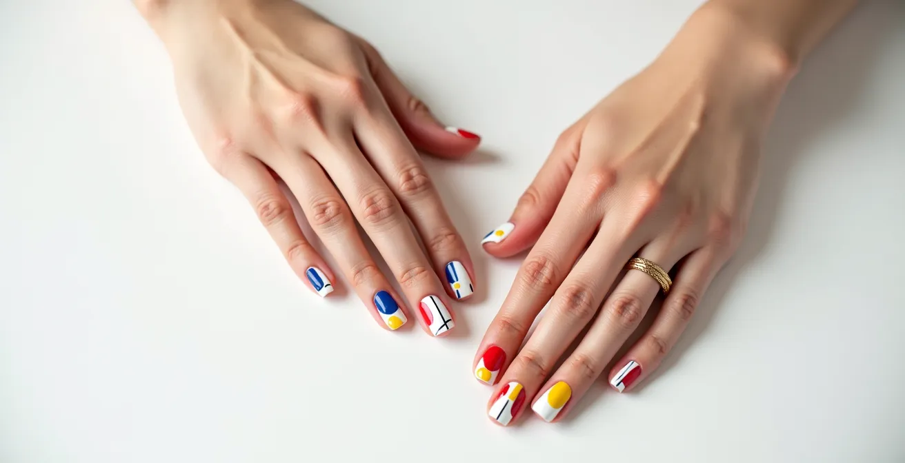 Elegante Hände mit geometrischen Nageldesigns im Bauhaus-Stil
