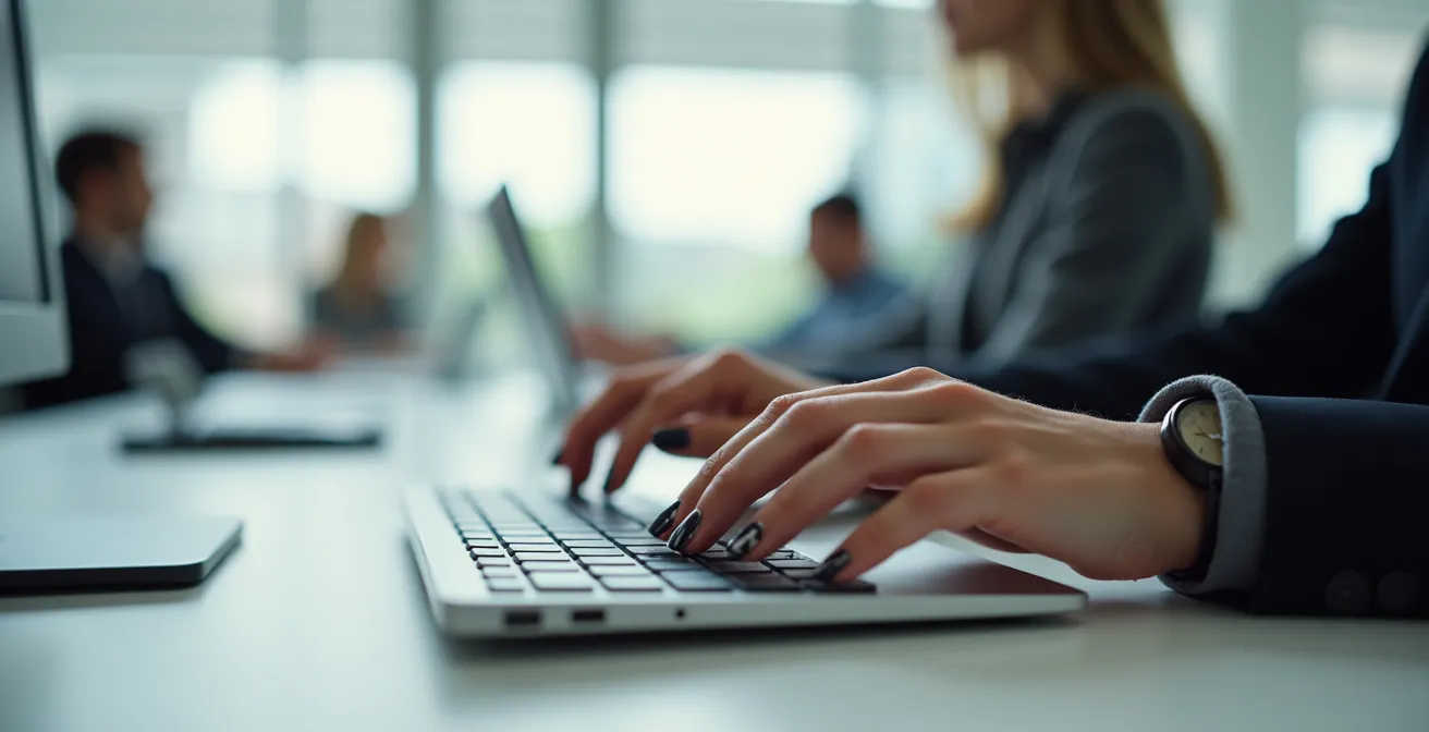 Professionelle Hände mit dezentem Business-Nageldesign am Arbeitsplatz