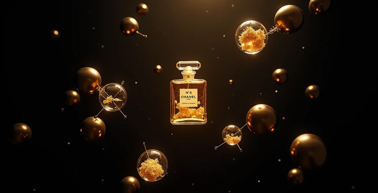 Abstrakte Darstellung der Aldehydmoleküle und floralen Noten in goldenen und kristallinen Strukturen