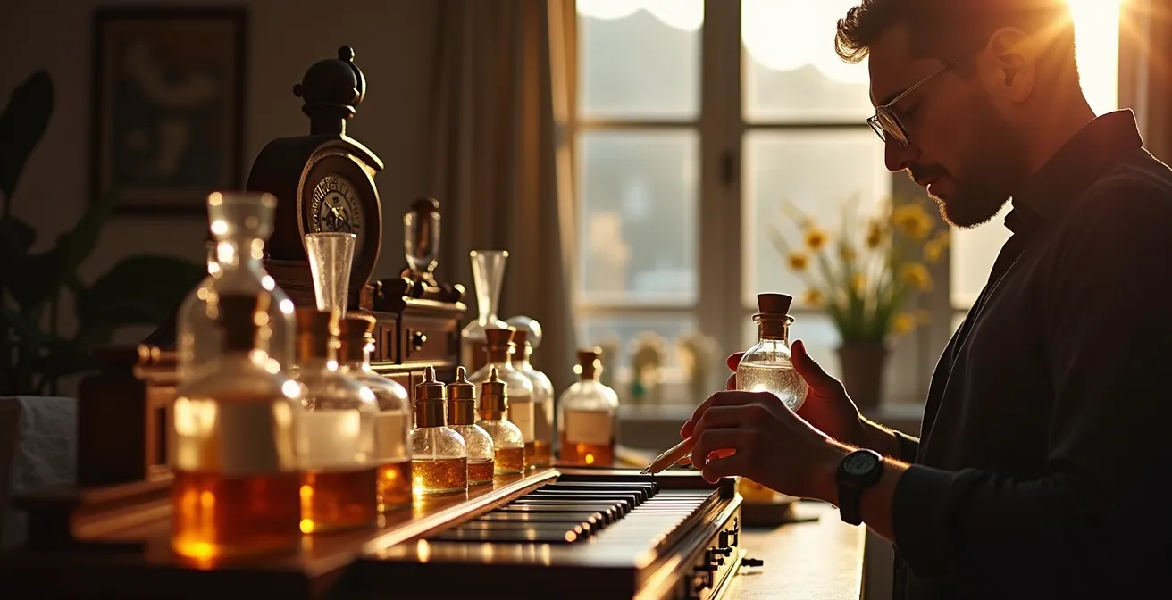 Elegantes Parfumatelier mit historischen Duftorgeln und modernen Flakons