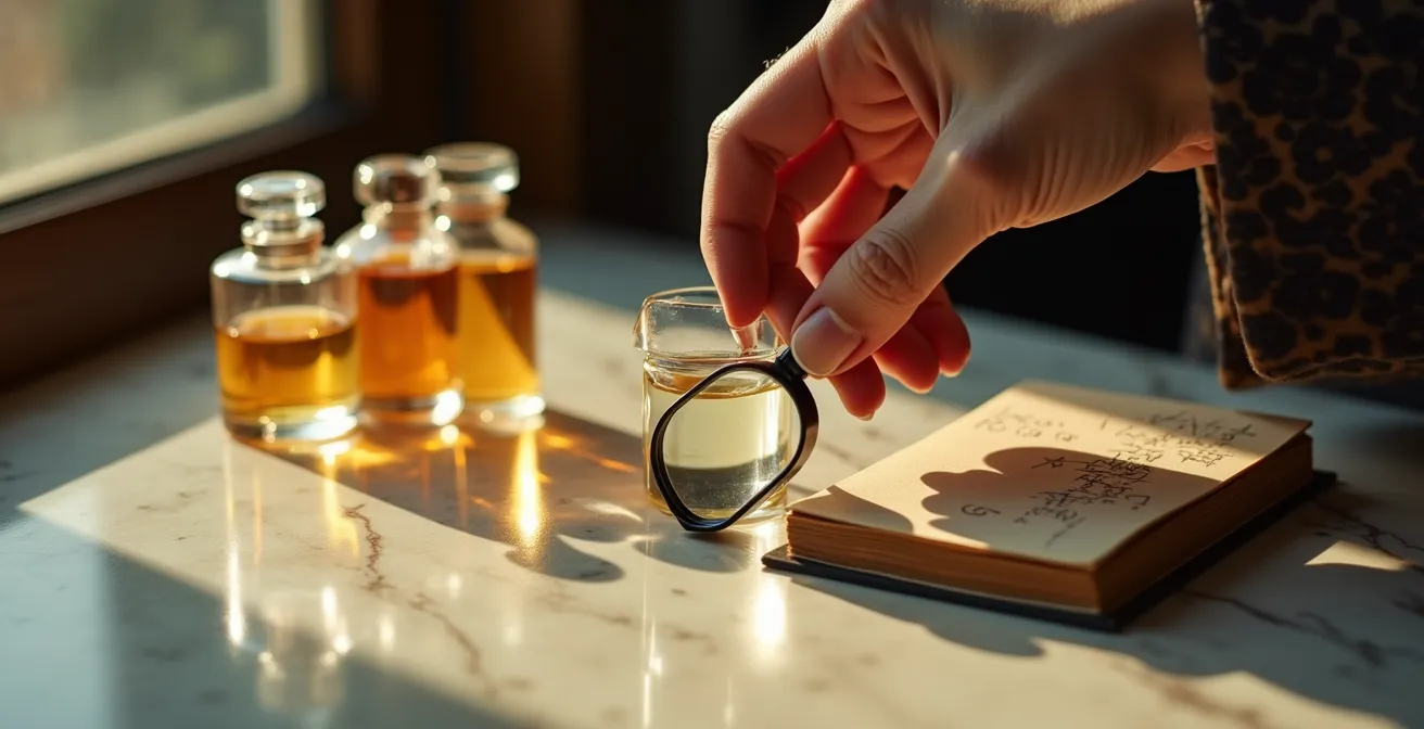 Stilvolle Detektivszene mit Parfümflakons und Spurensuche-Elementen