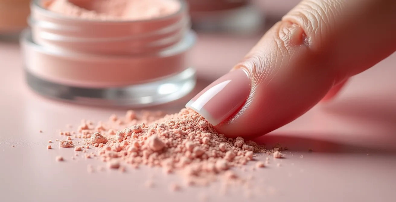 Makroaufnahme der Dip Powder Technik auf Naturnägeln