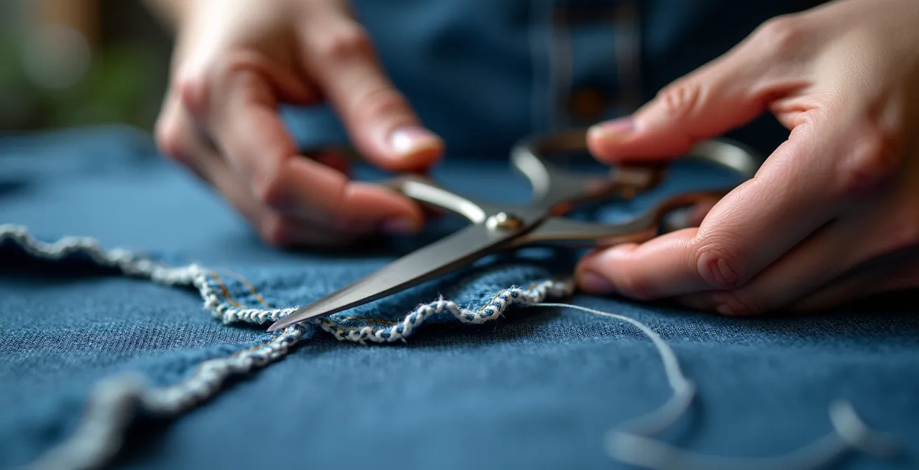 Detailaufnahme von Händen, die mit einer Schere ein Kleidungsstück aus Jeansstoff zuschneiden, um es im Y2K-Stil upzucyceln.