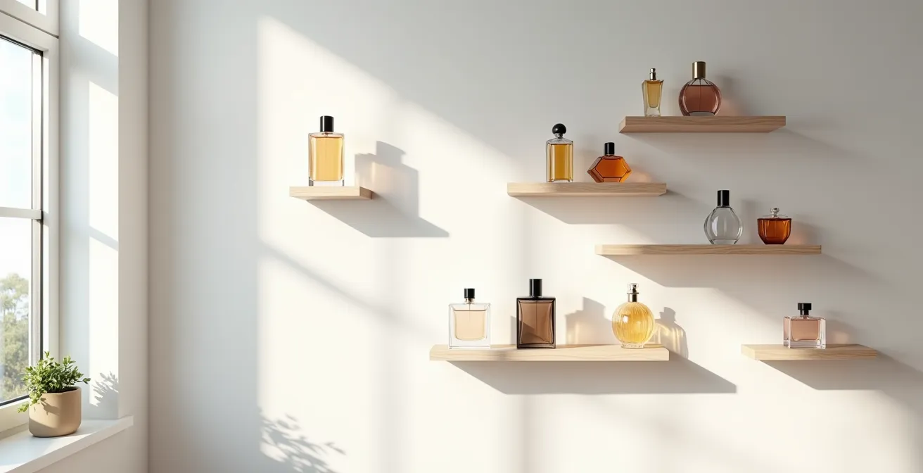 Moderne Parfumsammlung in minimalistischem Regal arrangiert