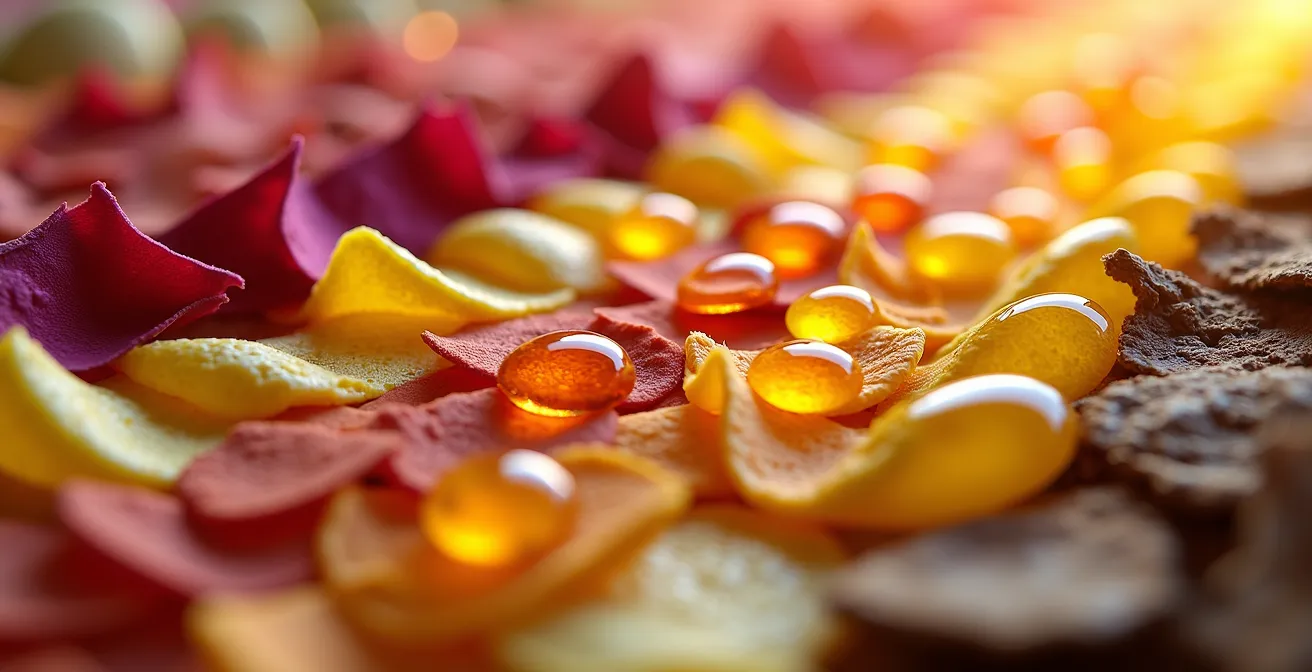 Abstrakte Darstellung von Duftschichten mit verschiedenen Essenzen und Ölen