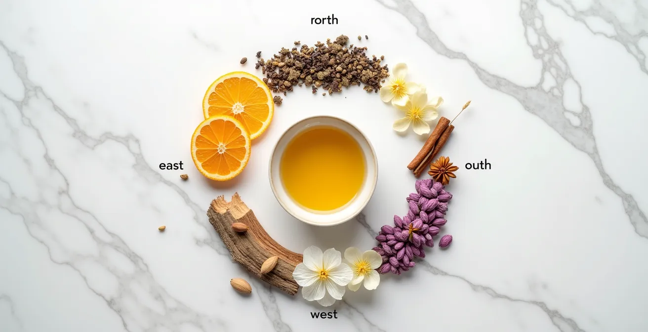 Visueller Kompass der verschiedenen Duftfamilien mit natürlichen Elementen wie Blüten, Hölzern und Gewürzen.