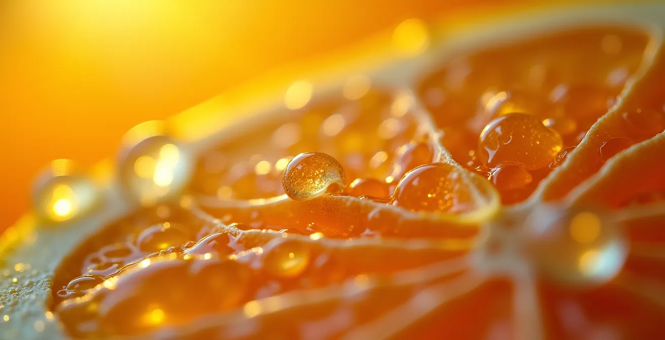 Makroaufnahme verschiedener Fruchtessenzen in kristallinen Tropfen auf Zitrusschalen