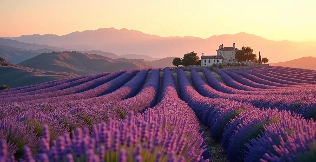 Weitläufige Lavendelfelder in der Provence bei goldenem Sonnenuntergang