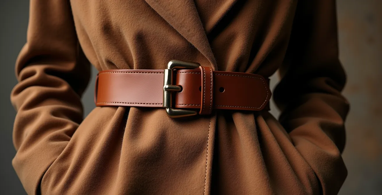 Detailaufnahme eines taillierten Oversize-Blazers mit Ledergürtel