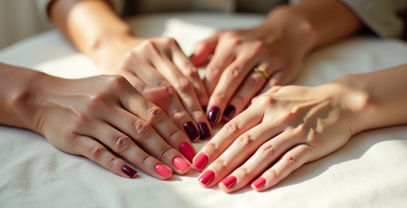 Mehrere Hände mit unterschiedlichen Nagellackfarben auf hellem Hintergrund