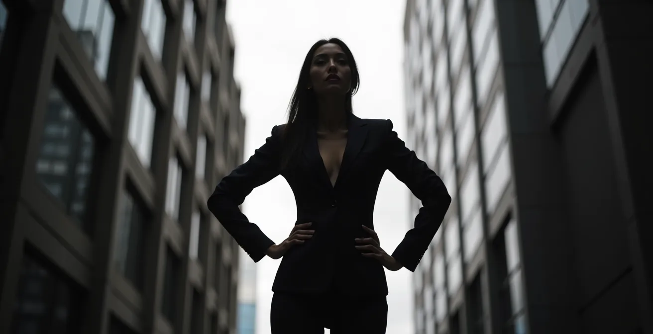 Selbstbewusste Geschäftsfrau in Power-Pose mit starker Körperhaltung