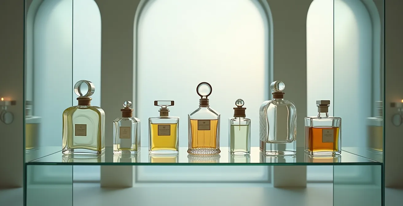Elegante Sammlung historischer Parfumflakons in Museumsbeleuchtung