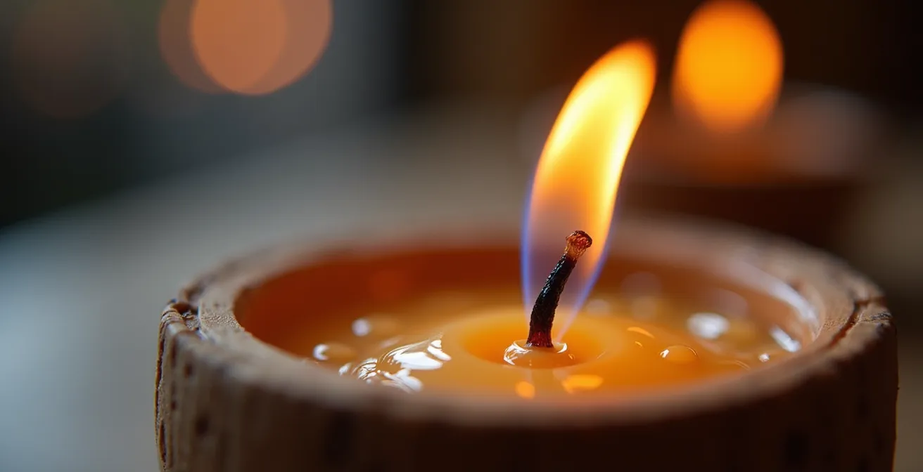 Makroaufnahme einer brennenden Kerze aus natürlichem Rapswachs mit sichtbarer Flamme