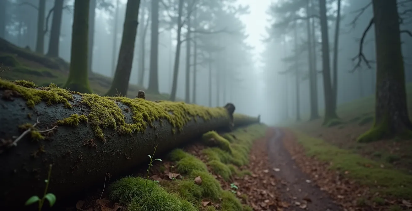 Minimalistische Waldszene mit Morgennebel und Holztexturen