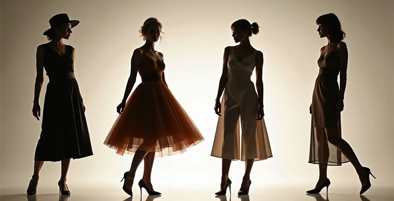 Charakteristische Mode-Silhouetten verschiedener Jahrzehnte nebeneinander präsentiert