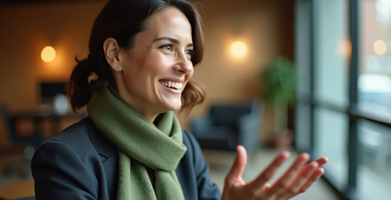 Geschäftsfrau mit weichem Cardigan über strukturiertem Outfit in warmem Bürolicht