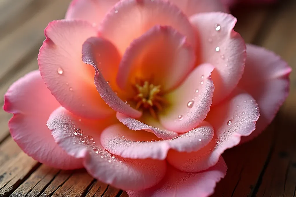 Makroaufnahme von Rosenblüten und Zedernholz in künstlerischer Anordnung
