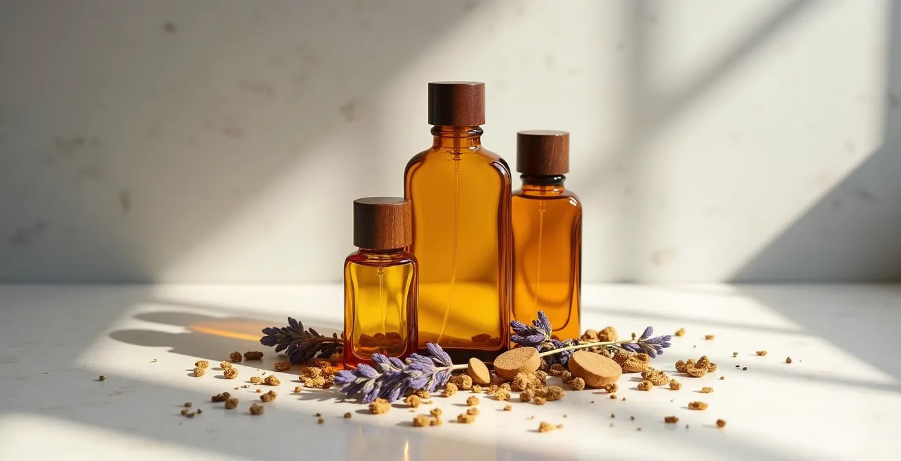 Minimalistische Komposition hochwertiger Naturparfum-Flakons