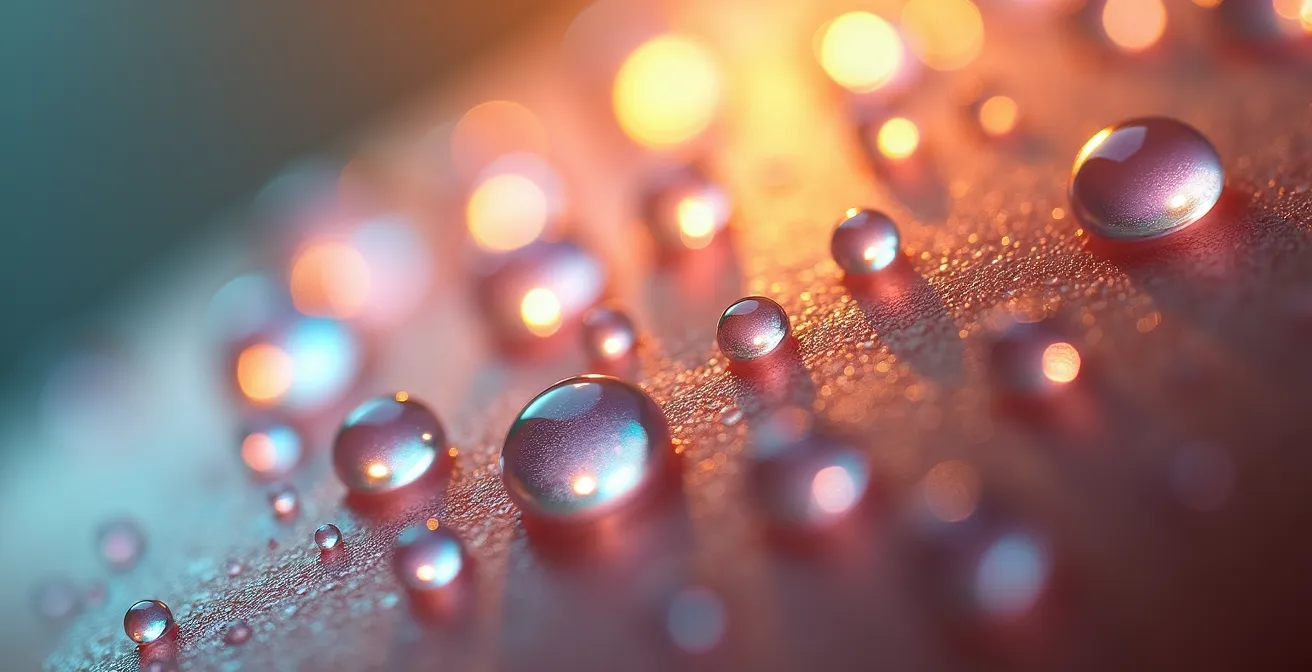Makroaufnahme von Dufttröpfchen auf Haut mit natürlichem Lichtspiel