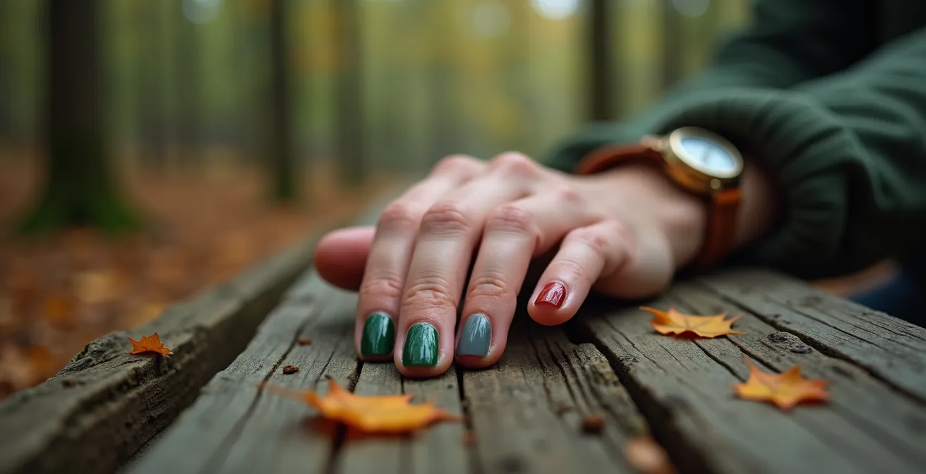 Hand mit verschiedenfarbigen Nägeln inspiriert von deutschen Landschaften